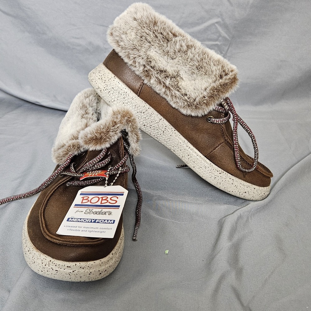 BOBS from Skechers Women's Faux Fur Boots Brown Wide Fit Memory Foam 6.5